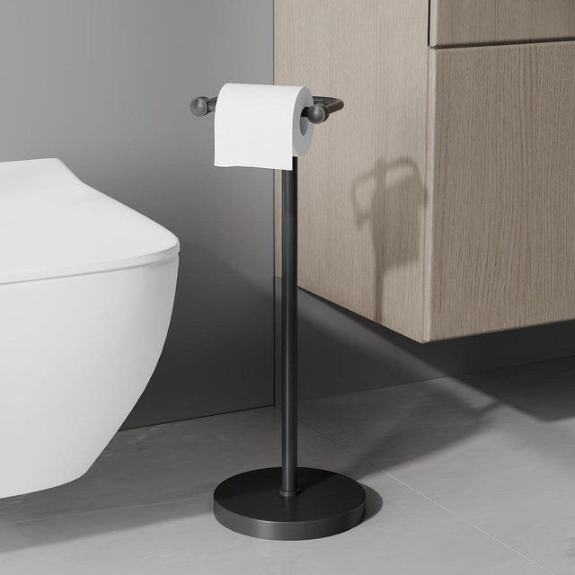 Toilet Paper Holder Stand, Modern Bathroom Free Standing Toilet Paper Roll Holder, Stainless Steel Tissue Rack, Rust-Proof & Heavy Stable Base (Matte Black)