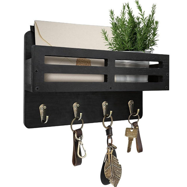 KISENG Key Holder Wall Mount Farmhouse Key Hooks for Wall with Mail Organizer Decorative Key Rack with 4 Sturdy Hooks for Dog Leash, Sunglasses, Rustic, Paulownia Key Hanger for Entryway, Blcak