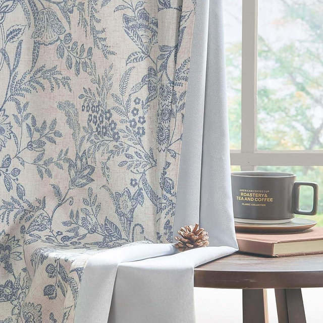 Lazzzy Blue Floral Lined Curtains Farmhouse Linen 84 Inches Length Grommet Top Drapes for Living Room Bedroom Flower Patterned Country Vintage Curtains 2 Panels Set Blue on Beige