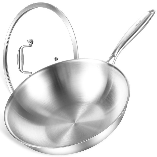 DELARLO Woks & Stir-Fry Pans, 13 in Stainless Steel Pan with Lid, Large Cooking Surface, Tri-Ply Stainless Steel Wok Pan,High Side 3 Layer Stainless Steel Saute Pan, Wok for induction cooktop, 600℉