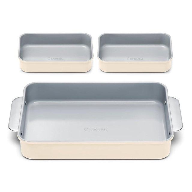 Caraway Nonstick Rectangle Baking Pan Set – 2x 9" x 6.5" & 1x 9" x 13" - Non-Toxic, PTFE & PFOA Free – Aluminized Steel Core – Deep Ceramic Baking Pan for Casseroles, Lasagna & More - Cream