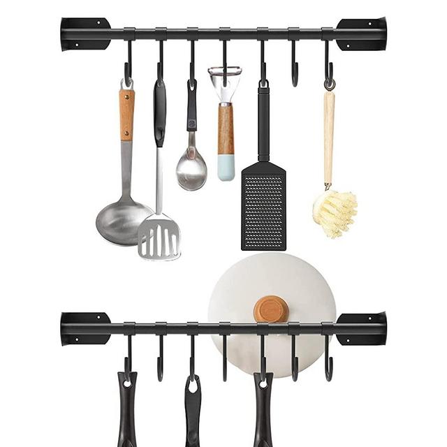 2 Pack Pot Hangers for Kitchen Wall Mount, Bethom 16.5 Inch Stainless Steel Coat Rack with 7 Removable Hooks, Pot and Pan Racks Rail Bar, Spoon Lid Utensils Organizer, Mug, Towel Holder, Black