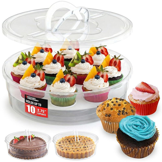 Kitchen Discovery Cupcake Carrier and Muffin Container Pie, Cake, and Cupcake Carrier with Lid and Handle for Safe Transport and Fresh Storage of a Variety of Desserts
