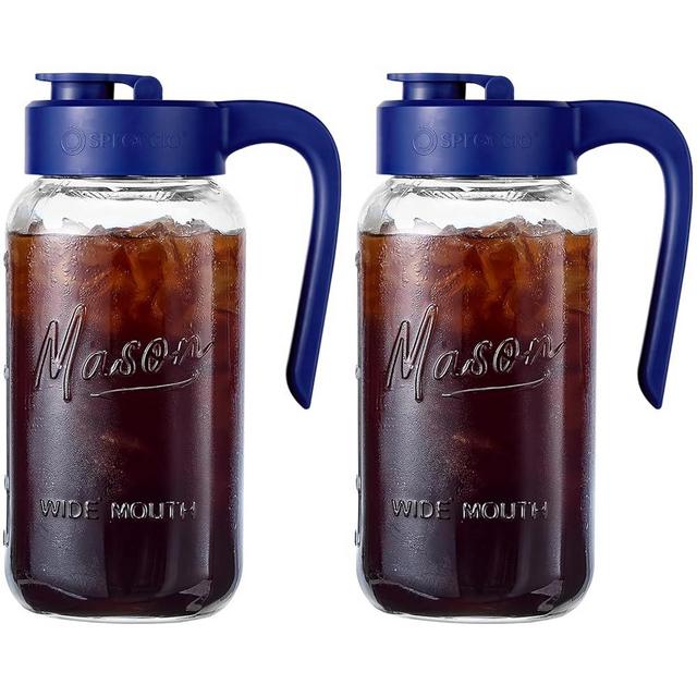 Spreccio Mason Jar Pitcher - Airtight & Leakproof Glass Pitcher with Lid[set of 2], Perfect for Breastmilk, Cold Brew, and Sun Tea, 2 Quart (64 oz) Mason Jar with Pour Spout Lid