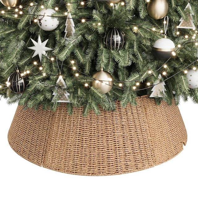 ELYKEN Christmas Tree Collar, 33 Inch Rustic Xmas Tree Basket for Artificial Trees, Paper Rope Woven Tree Skirt Ring, Tree Base Cover with Cord Cut-Out, Farmhouse Pencil Tree Collar for Home Decor