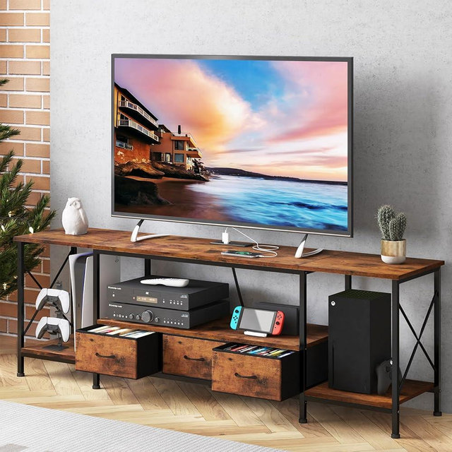 Fixwal 65 Inch TV Stand Entertainment Center with Power Outlets and Fabric Drawers, 60 70 TV Console Table with Metal Frame Storage Shelves for Living Room, Bedroom - 63" Rustic Brown