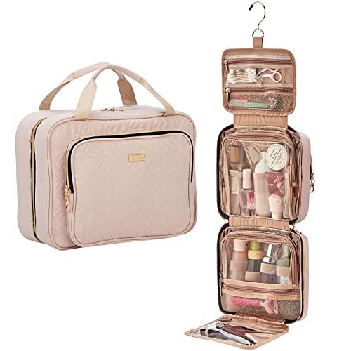 NISHEL 4 Sections Hanging Travel Toiletry Bag Organizer, Water Resistant Large Makeup Cosmetic Case for Bathroom Shower, Pink