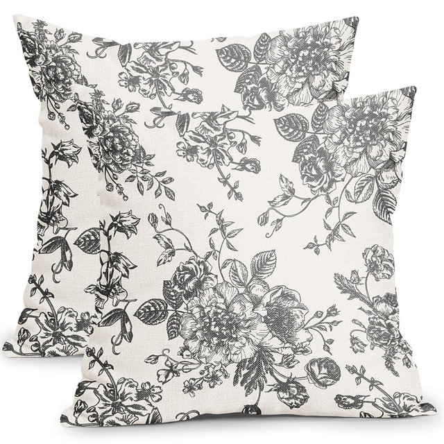 Dark Grey and Cream Floral Pillow Covers 18x18 Inch Set of 2 Vintage Floral Throw Pillow Covers Chinoiserie Flower Pillowcases Rustic Farmhouse Cotton Linen Cushion Covers for Couch Bed Sofa Decor