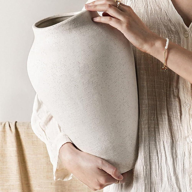White Ceramic Vase - Large 13.6 Inch Tall Floor Vase for Centerpieces, Farmhouse Rustic Minimalist Home Decor for Living Room, Enterway, Wedding (Sandstone White)