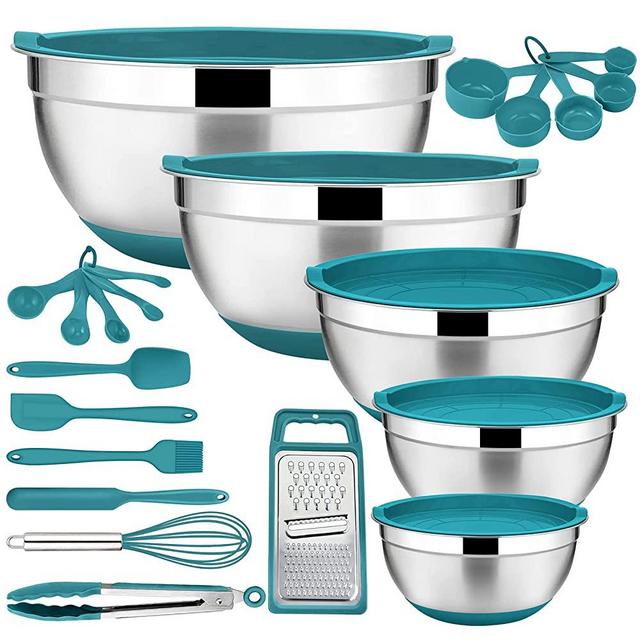 22-Piece Mixing Bowls with Teal Blue Lids & Accessories Set, E-far Stainless Steel Nesting Bowls with Covers & Non-Slip Bottoms, Metal Bowls for Cooking/Baking/Serving/Storage - Size 7/3.5/2.5/2/1 QT