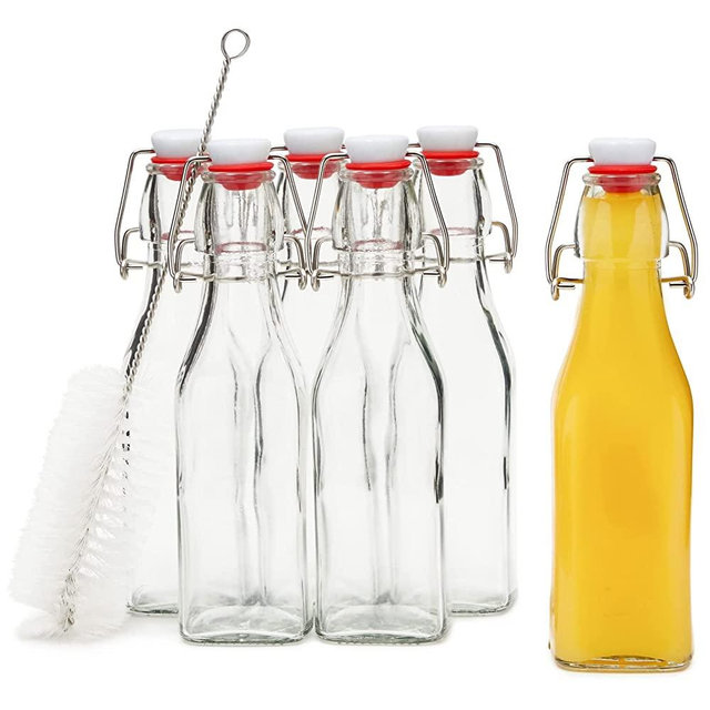 6 Pack 8 oz Swing Top Glass Bottles with Stoppers and 1 Cleaning Brush for Homemade Kombucha, Vanilla Extract, Infused Oil, Vinegar, Tea