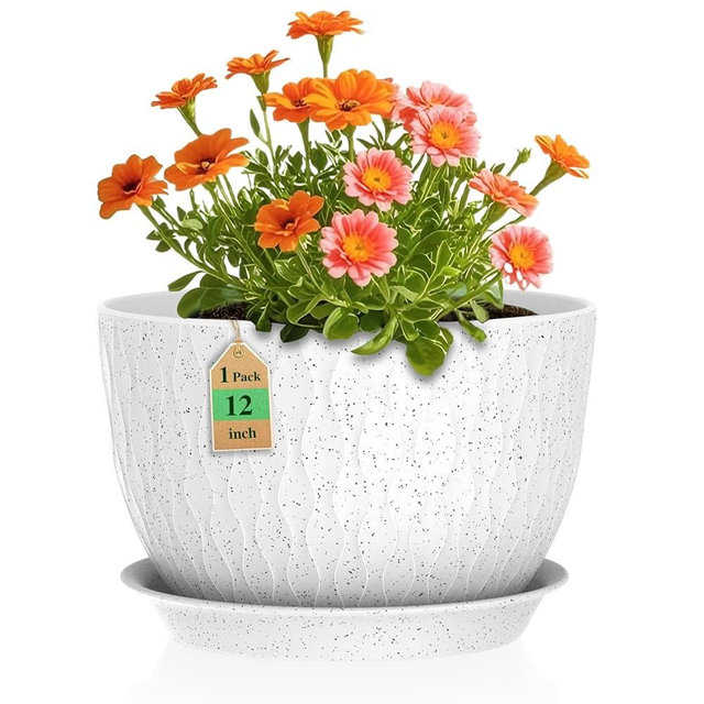WSMKSZ 12 Inch Wide Water Ripples Flower Pots for Indoor or Outdoor Plants, Large Plant Pots with Drainage Holes & Saucer, Plastic Planters Set for Garden & Home Decor (White with Black Speckles)