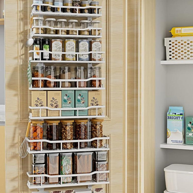 MSERCUOR Over The Door Pantry Organizer Rack, 9-Tier Metal Pantry Organization And Storage with Adjustable Baskets, Hanging Spice Rack for Home & Kitchen Laundry Room Bathroom (9 Tier White)