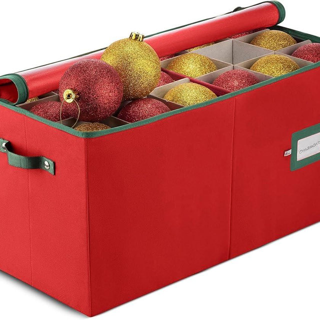 ZOBER Large Christmas Ornament Storage Box - Stores 54 4" Large Ornaments, With Dividers - Ornament Organizer Storage Box, Durable Christmas Containers Holder, Dual Zipper - Red