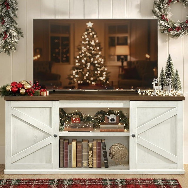 VASAGLE Farmhouse TV Stand for TVs up to 65 Inches, Entertainment Center with Storage Cabinets and Sliding Barn Doors, Media Console Table for Living Room, Rustic White and Honey Brown ULTV535W01