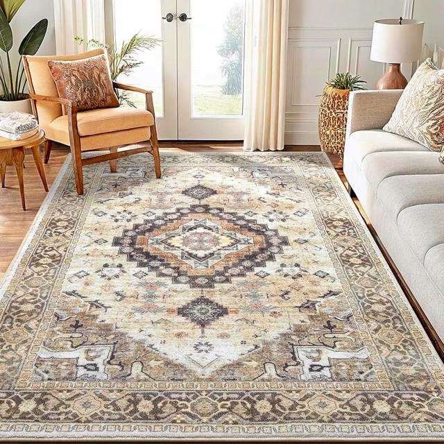 Smiry Area Rugs for Living Room Bedroom, Machine Washable 5x7 Vintage Rug, Soft Plush Bedside Floor Carpet for Farmhouse Nursery Kitchen Laundry Home Decor, Beige