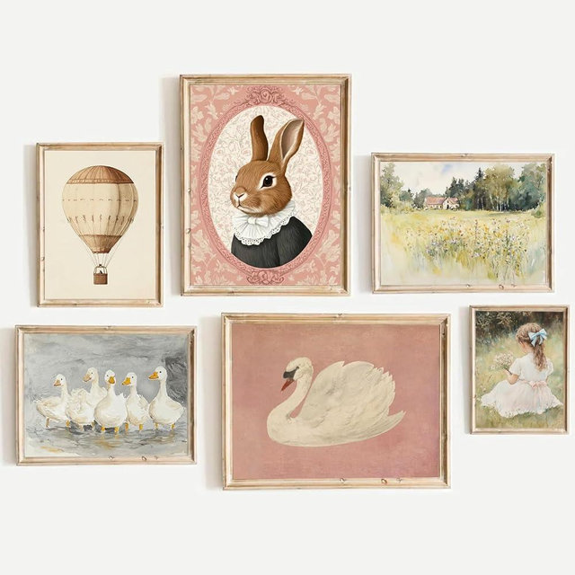 Vintage Pink Nursery little Girl Room Wall Art Cute Rabbit Swan Canvas Poster Girl Toddler Bedroom Wall Decor Preppy Pictures Farmhouse Duck Wildflowers Prints for Kids Room Decor 8x10x6 in Unframed