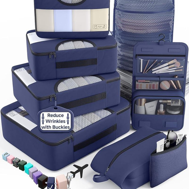 Veken 8 Set Packing Cubes for Travel Essentials,Anti-Wrinkle Buckled Suitcase Organizer for Shoe & Toiletry Bag,Carry On Luggage Bag for Airplane & College Dorm Room Accessories,Women Men Gifts