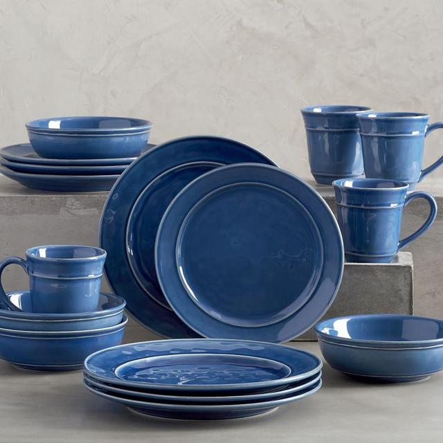 Cambria Stoneware 16-Piece Dinnerware Set, 10 3/4" Dinner Plate with Soup Bowl - Ocean Blue