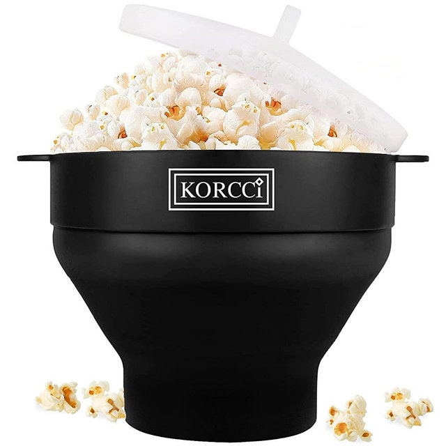 The Original Korcci Microwaveable Silicone Popcorn Popper, BPA Free Microwave Popcorn Popper, Collapsible Microwave Popcorn Maker Bowl, Dishwasher Safe - Black
