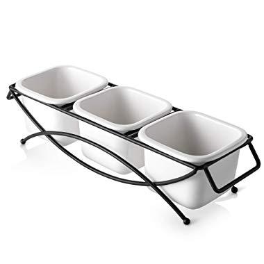 DOWAN Serving Dishes, 3 Pieces Chip and Dip Serving Set with Metal Stand, Porcelain Serving Set for Snacks, Nuts, Condiments, Candy, White