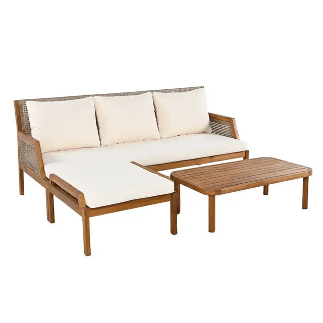 Christopher Knight Home Golda 3 Pieces Outddoor Rattan and Acacia Wood Upholstered Seating Set, Brown/Cream