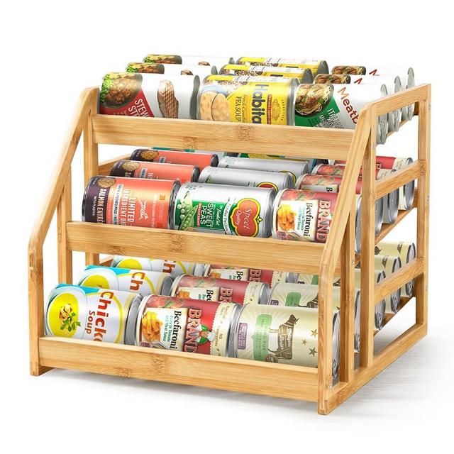HOMESTEAD Bamboo Pantry Can Organizer, 3-Tier Canned Food Organizer Rack for Storage, Kitchen Cabinet, Can Holders for Pantry Up To 36 Cans