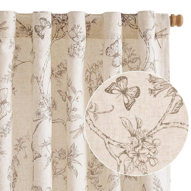 Lazzzy Taupe Floral Curtains 84 Inch Length Linen Farmhouse Back Tab Drapes for Living Room Bedroom Light Filtering Vintage Rod Pocket Fall Decorations, 2 Panels, Taupe on Beige