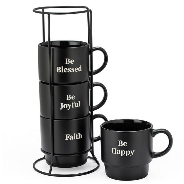 Signature Housewares Be Happy Stackable Stoneware Coffee Mug Set with Metal Rack - 15 Ounce Coffee Mugs for Coffee, Tea, Hot Chocolate, Milk, Set of 4, Matte Black