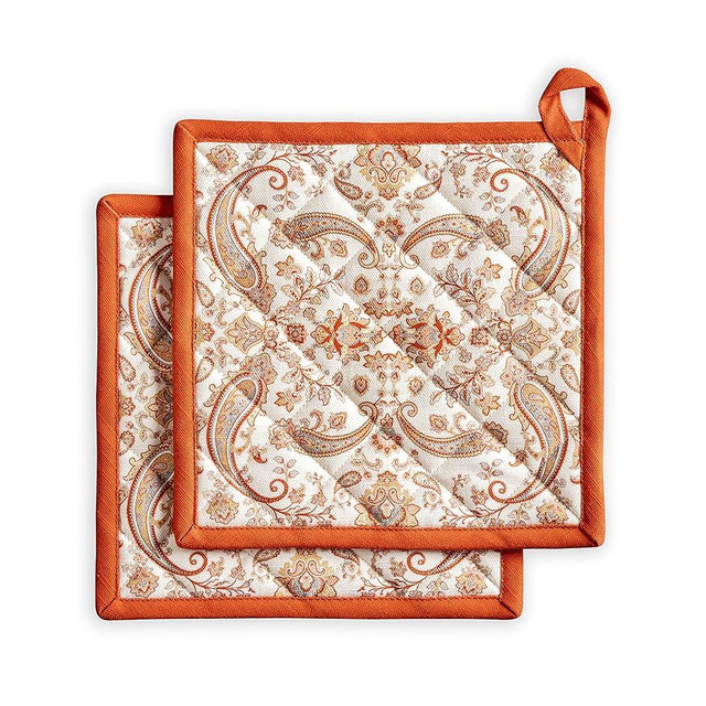 Maison d' Hermine Hot Pads 100% Cotton Set of 2 Pot Holders with Loop Heat Resistant Potholders for Gifts, Grilling, Barbeque, Handling Hot Pans, Cachemire - Thanksgiving/Christmas (8"x8")