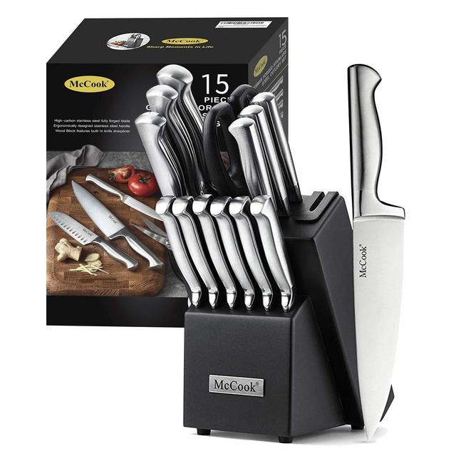 McCook MC21 Knife Sets,15 Pieces German Stainless Steel Knife Block Sets with Built-in Sharpener