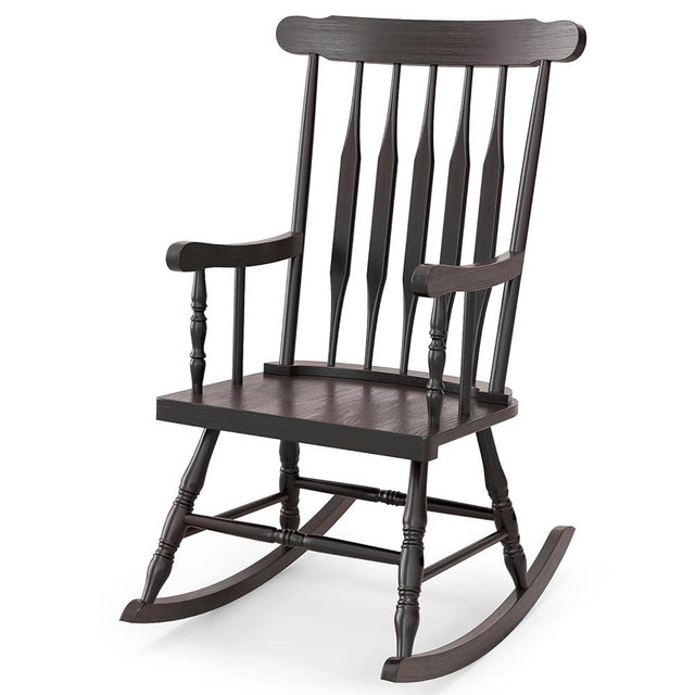 Tangkula Patio Rocking Chair Solid Rubber Wood, Outdoor Porch Rocker Chair with Rubber Wood Frame, Indoor Wooden Rocking Chair, Ideal for Garden, Backyard & Balcony (1, Espresso)