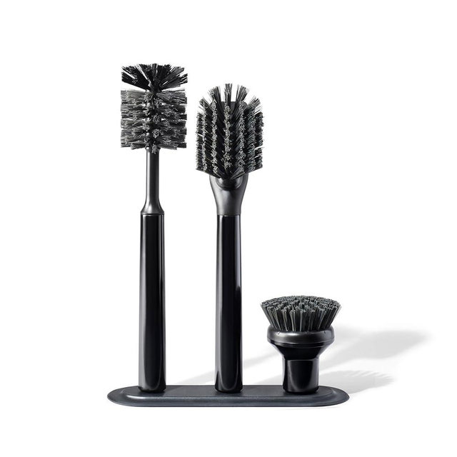 Curio Home Goods Ionic Brush Set, Magnetized to Stand Upright, Stainless Steel with Replaceable Heads, Onyx/Black