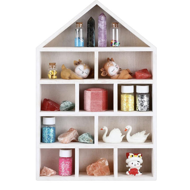 House Shaped Wooden Shadow Cubby Box 10 W x 2 1/4 D x 15 H Hanging Display Shelf Organizer Wall Mounted Curio Cabinet Wooden Display Case Miniature Shelf for Figures(Wood Color)