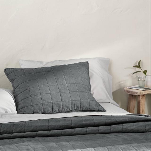 Standard Heavyweight Linen Blend Quilted Pillow Sham Dark Gray - Casaluna™