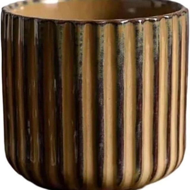 LILITURF Vinitage Ceramic Mug, Japanese Tea Cup 6oz Striped Cup No Handle Drinking Cup for Latte Milk Water Beverage Juice Microwave and Dishwasher Safe, Kiln Transformation Cup (Brown)