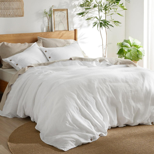 3 Pieces Linen Soft & Cozy Duvet Cover Queen Size Cream Linen Cotton Blend Bedding Set Soft Cream Color Cooling Bedding