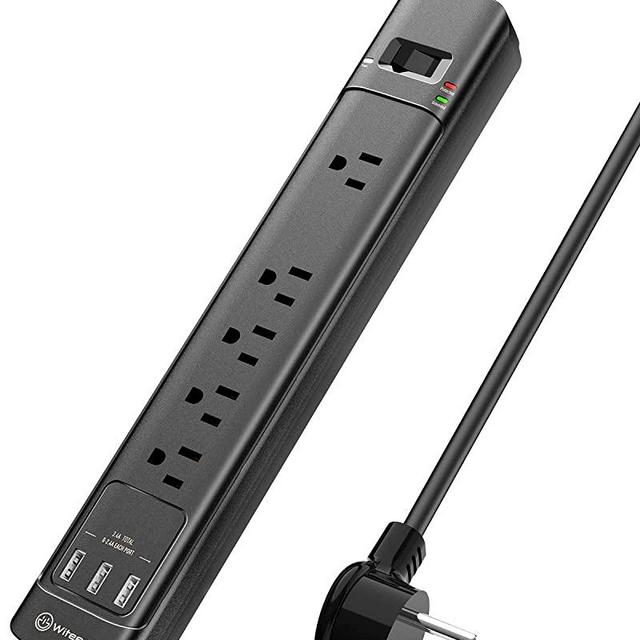 Surge Protector with USB Ports, Witeem Power Strip 5 Outlets and 3 USB Ports, 5V/3.4A Flat Plug, 2100 Joules, 6 Feet Long Extension Cord for iPhone iPad PC Home Office Travel, ETL Listed, Black