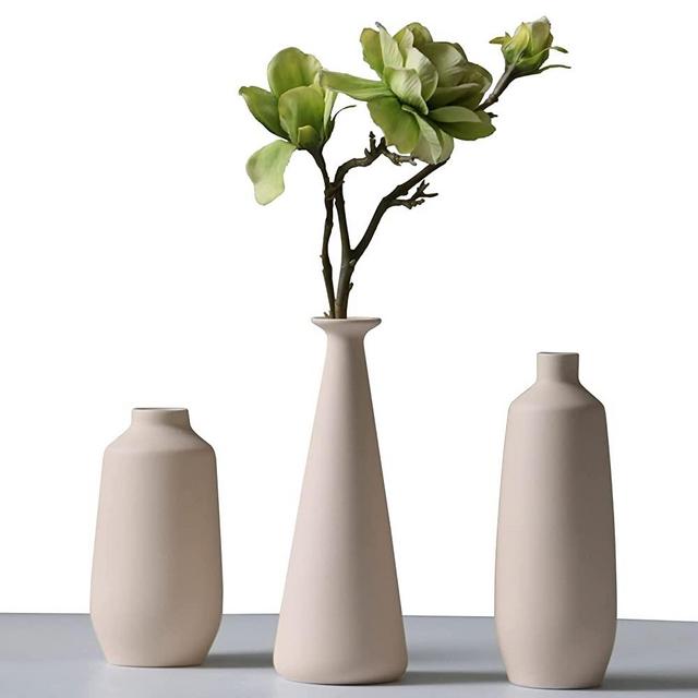 Abbittar Ceramic Vase Set of 3, Flower Vases for Rustic Home Decor, Modern Farmhouse Decor, Living Room Decor, Shelf Decor, Table Decor, Bookshelf, Mantel and Entryway Decor - Beige