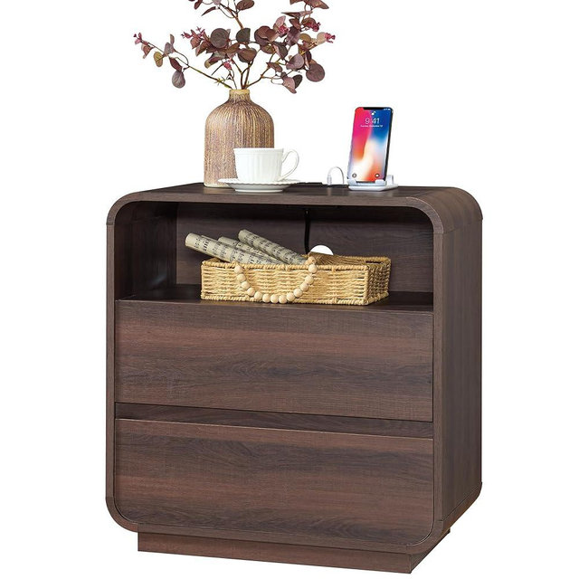 Standifurno Modern Walnut Nightstand, 25" Tall Wooden Bedside Table with Charging Station, 2 Storage Drawers Side Table Curved Profile, Handleless, Large End Table Night Stand for Bedroom, Office