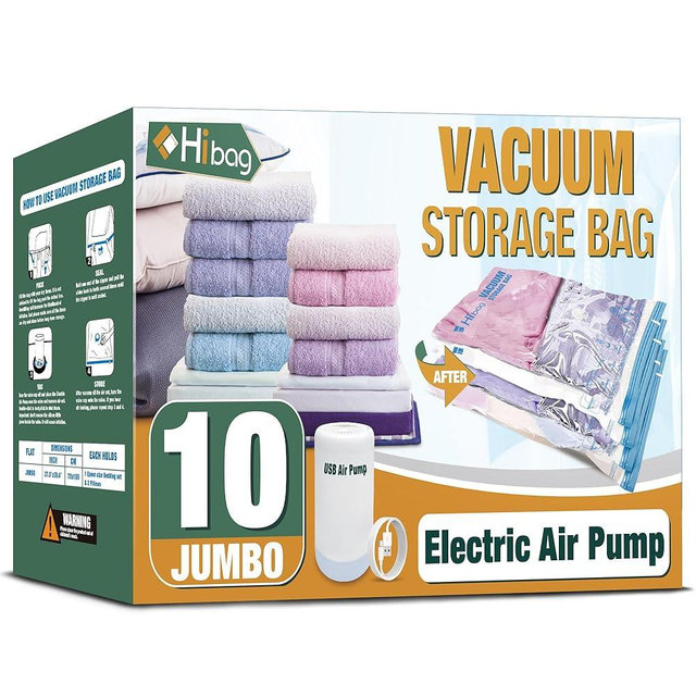 HIBAG Vacuum Storage Bags with Electric Pump, Vacuum Seal Space Saver Bags for Clothes, Clothing, Pillows, Blanket Bedding Comforters, Jumbo 10 pack