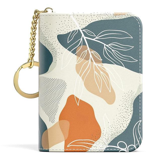 Aiawoxc Credit Card Holder, Small RFID Wallet Slim Leather Card Organizer Case with Zipper and Keychain, Abstract Boho Leaves
