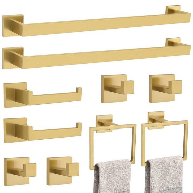 10-Piece Bathroom Hardware Accessories Set-Brushed Gold Towel Bar, Holder & Racks-SUS304 Stainless Steel-Wall Mounted,23.6-Inch