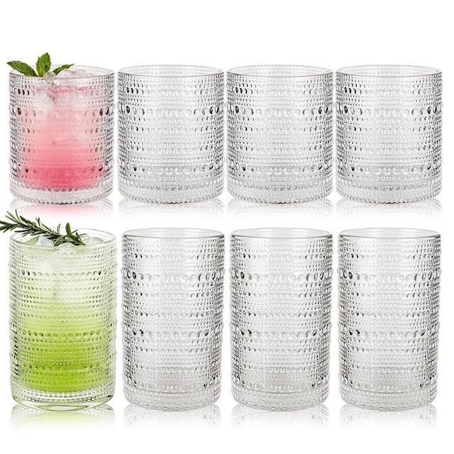 Salpae Hobnail Drinking Glasses Set of 8, 10 Oz Kitchen Water Glasses Cup & 12 Oz Vintage Cocktail Glasses Drinkware Set for Whisky, Juice, Wine, Milk