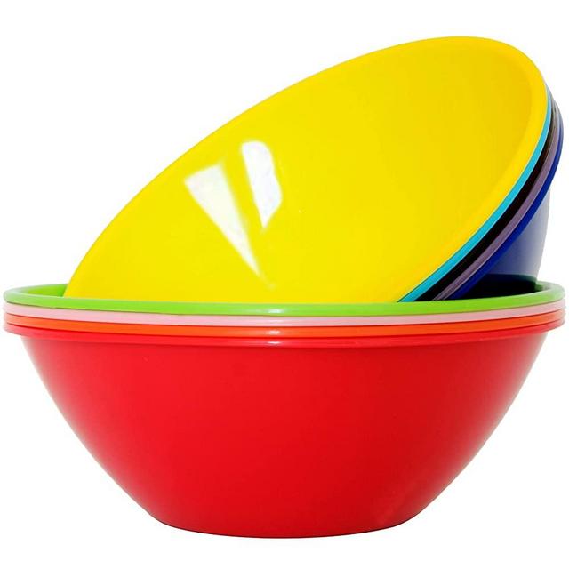 Youngever 10 inch 90 Ounce Plastic Mixing and Serving Bowls, Popcorn Bowls, Salad Bowls, Chip and Dip Serving Bowls, 9 Pack in 9 Assorted Colors