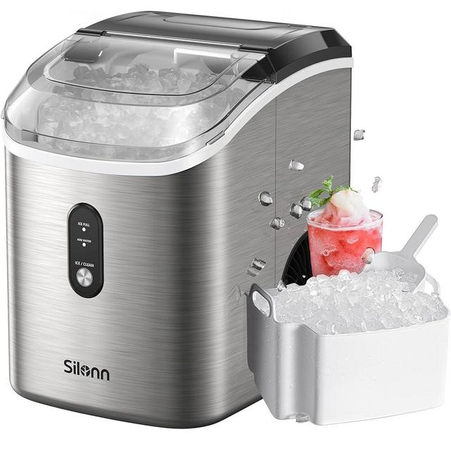 Nugget Countertop Ice Maker, Silonn Chewable Pellet Ice Machine with Self-Cleaning Function, 33lbs/24H, Portable Ice Makers for Home, Kitchen, Office, Stainless Steel