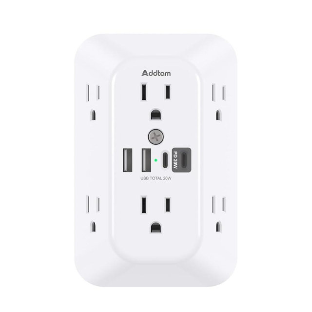 Addtam Surge Protector Outlet Extender, 6-Outlet Splitter with 4 USB Wall Charger(PD 20W), Multi Plug Wall Outlet 1800J Power Strip for Home Office Dorm Room Essentials, White