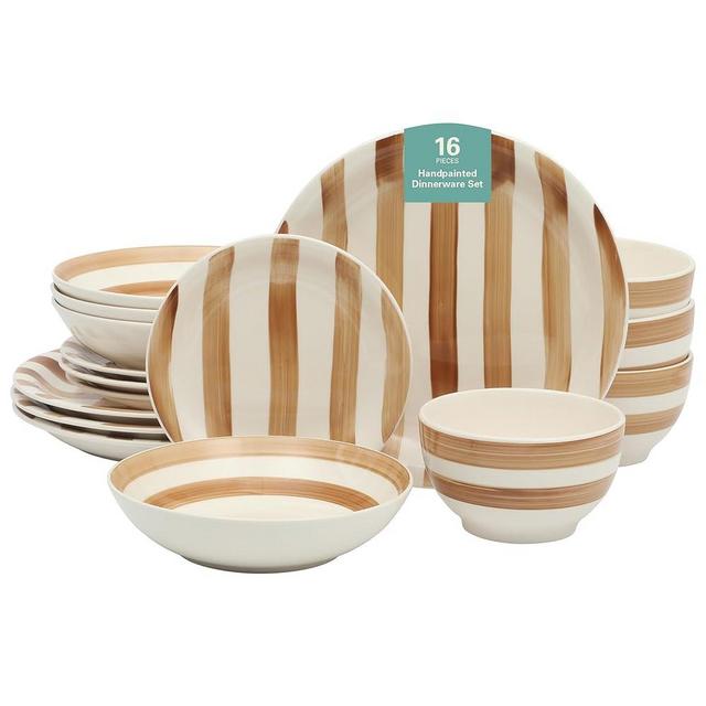 Gibson Home Kenwood Shores 16 Piece Dinnerware Set, Brown Striped, Stoneware, Hand-Painted Plates and Bowls, Service for 4, Microwave & Dishwasher Safe