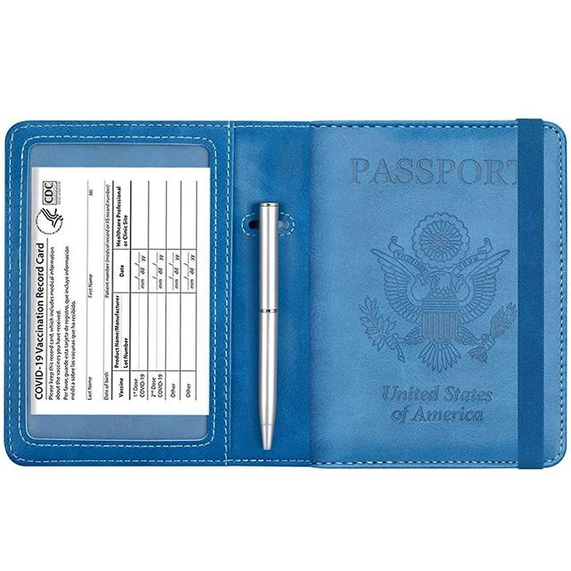Passport and Vaccine Card Holder Combo - HOTCOOL Leather RFID Blocking Wallet with Elastic Strap Travel Cover Case for Passport, with USA CDC Vaccination Card Slot, with Pen, Light Blue