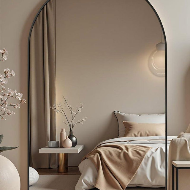 DMWOODFL 81"x41" Black Arched Full Length Mirror - Extra Large Floor/Wall Mounted, Shatterproof Glass & Aluminum Frame with Stand for Bedroom, Living Room, Entryway